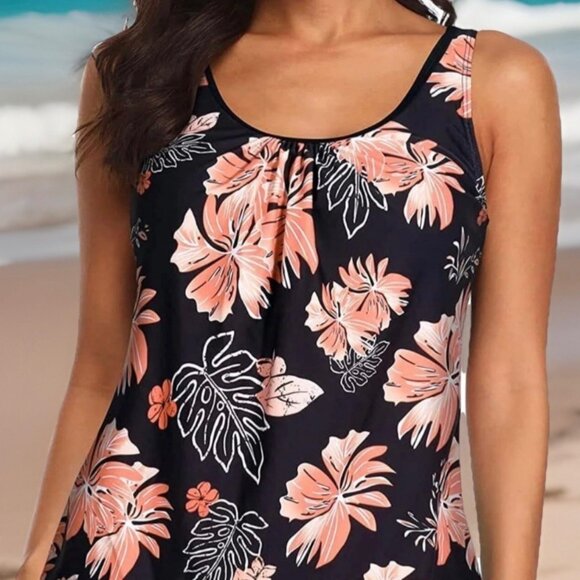 AquaEve Women Tankini Swimsuit Top ONLY Medium Black Orange Tropical Adjustable - Picture 3 of 8